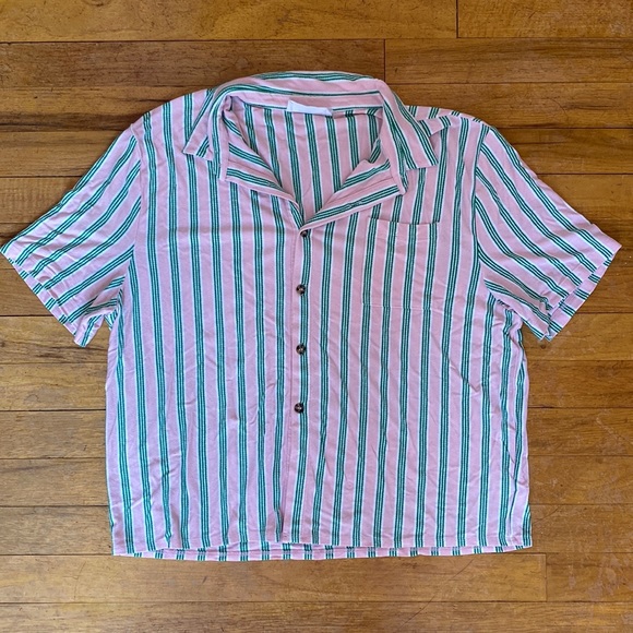 Double Zero pink/white/green striped button-up collar t-shirt size L - Picture 1 of 5